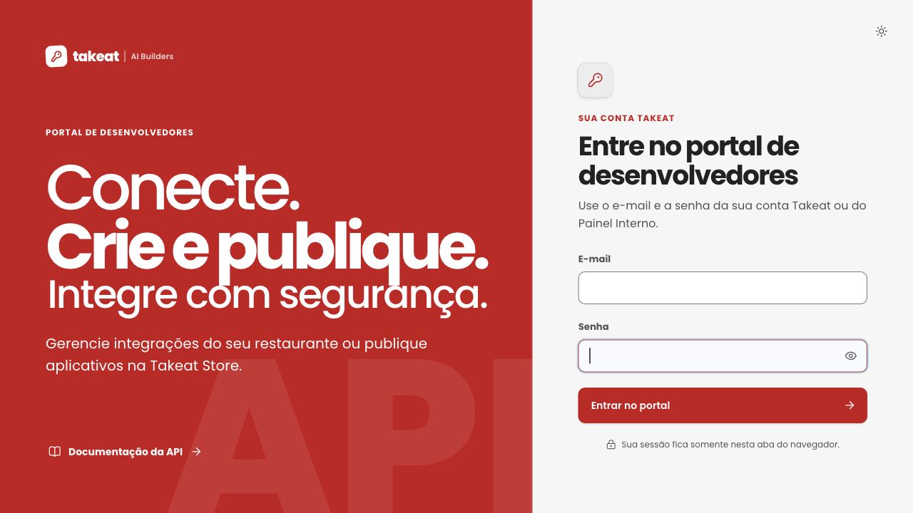 Tela de login do Developers Portal, com os campos E-mail e Senha vazios e o botão Entrar no portal.